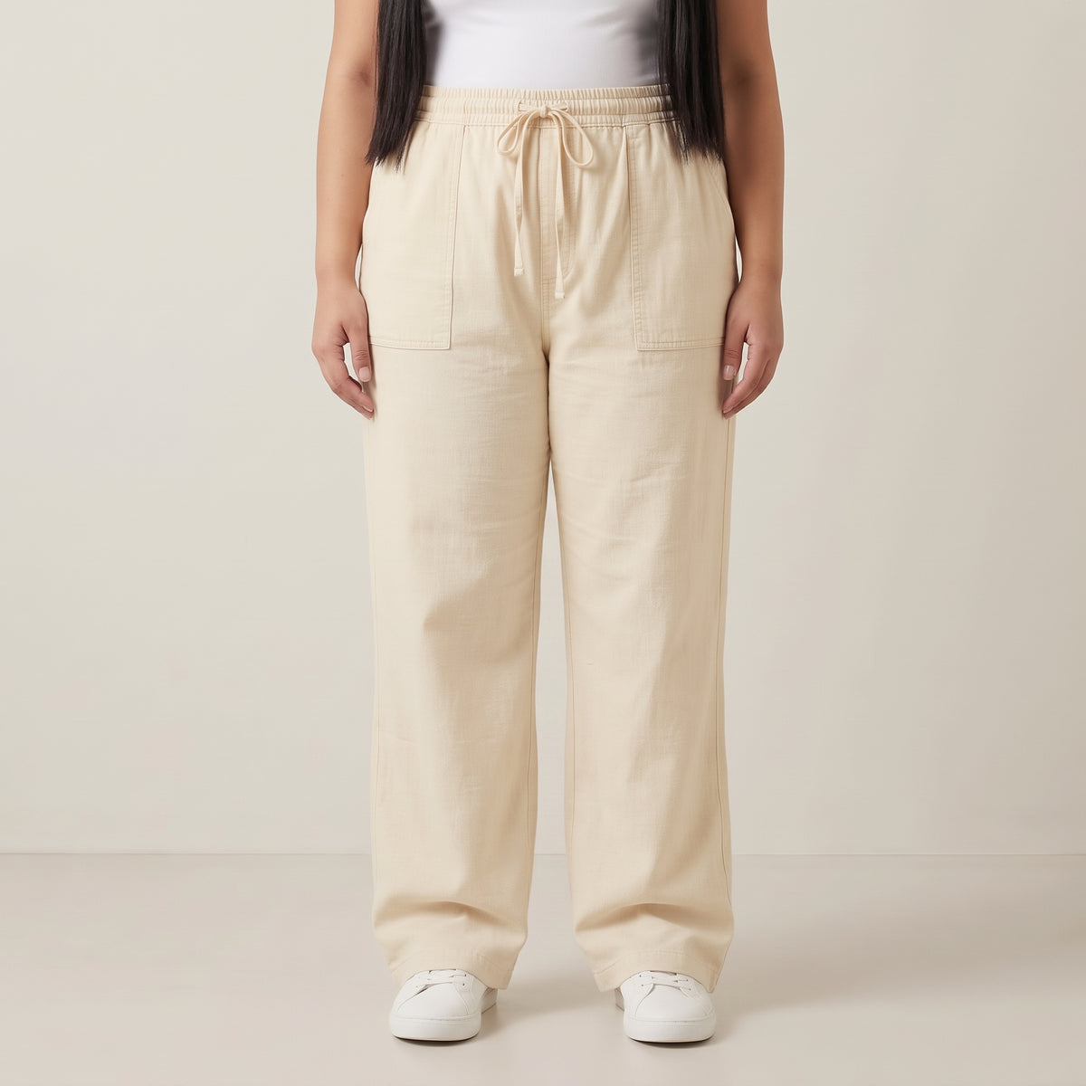 Cream Soft Twill Cotton Baggy Trousers