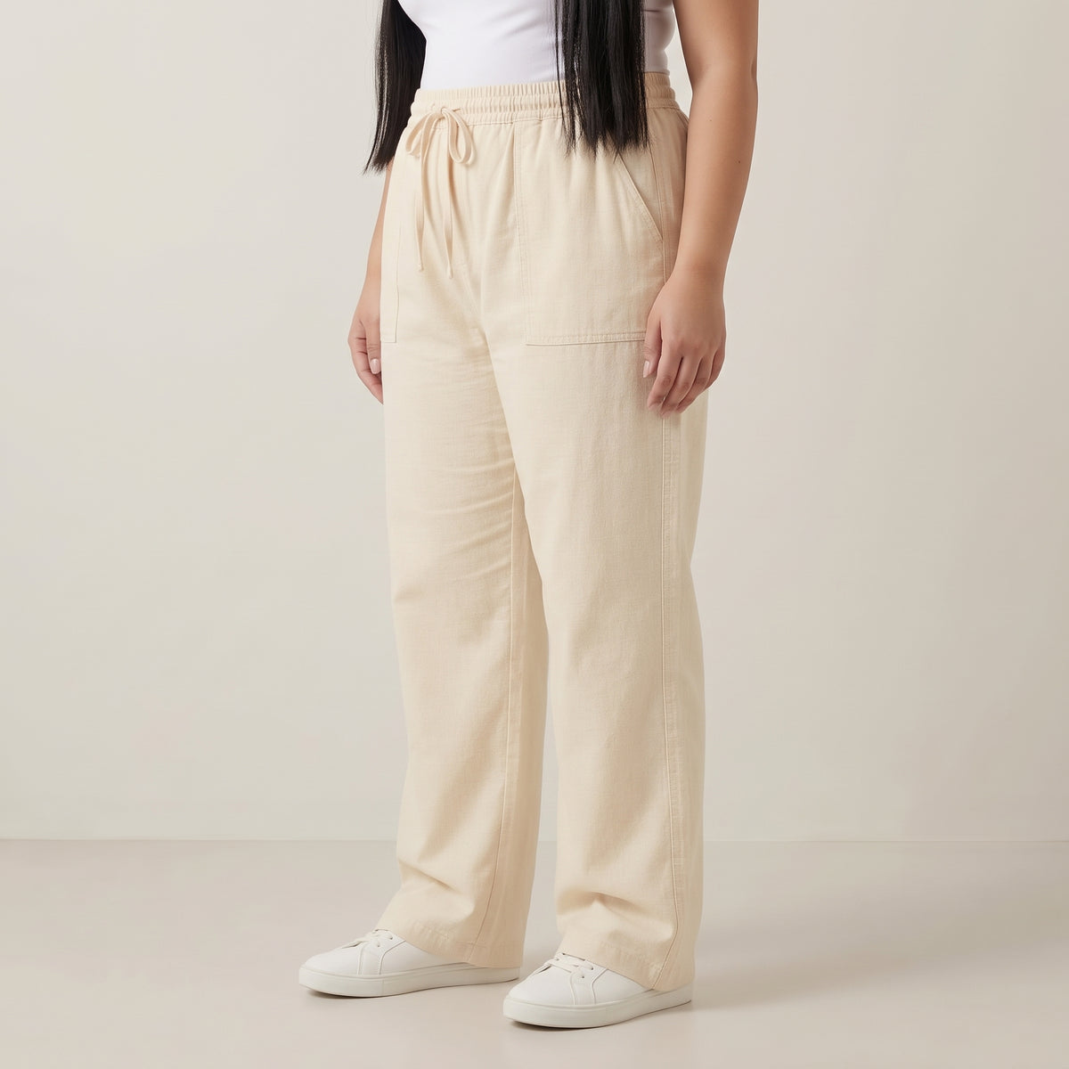 Cream Soft Twill Cotton Baggy Trousers