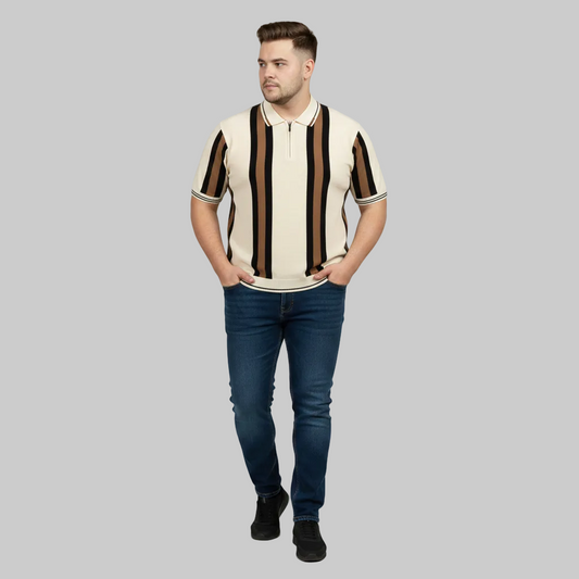 Cream Vertical Stripe Polo T-Shirt PSM-10637