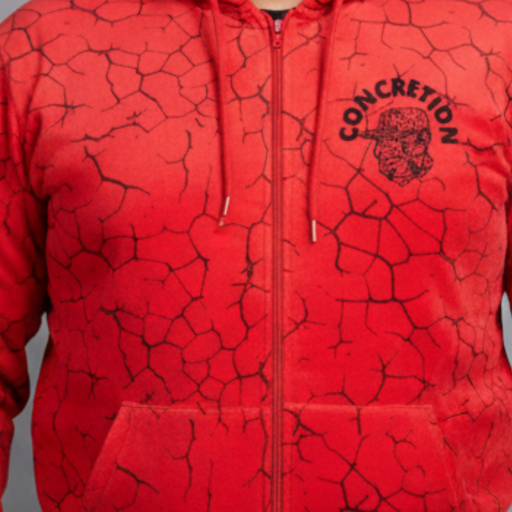 Red cracked pattern hoodie with 'Concretion' logo on a gray background