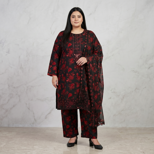 Crimson Eclipse Luxe – 3 Piece Premium Cut-Work Lawn Suit PSW-11252