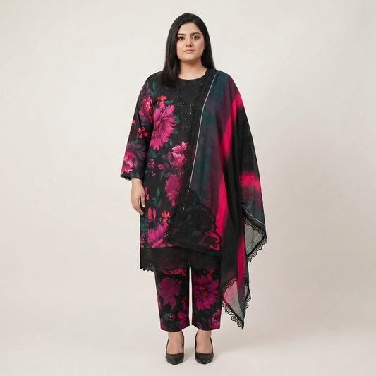 Monochrome Bloom – 3 Piece Premium Cut-Work Lawn Suit PSW-11227