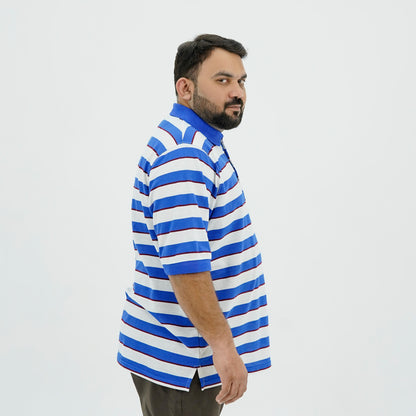 Plus Size Classic Blue Striped Polo Shirt PSM-9214