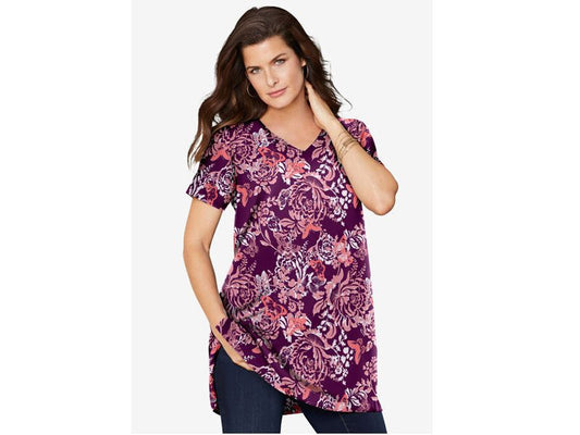 Dark Berry Butterfly Bloom Short-Sleeve V Neck Ultimate Tunic PSW-6958