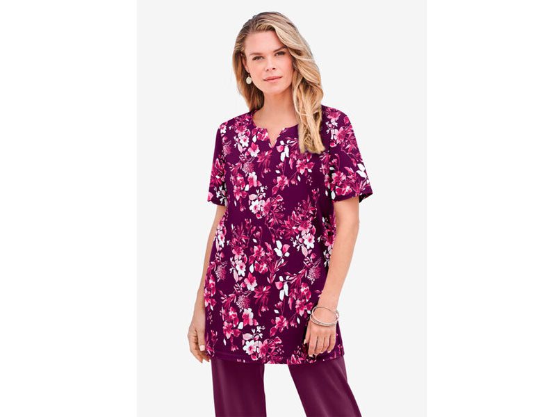 Dark Berry Painterly Bouquet Print Notch-Neck Soft Knit Tunic PSW-7208