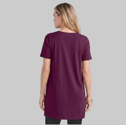 Dark berry pleatneck women’s cotton tunic with sweetheart neckline and swing silhouette on white background.