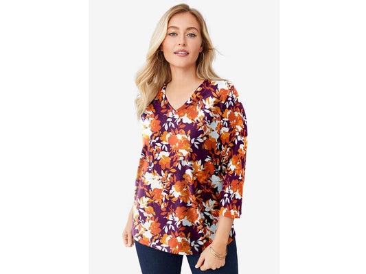 Dark Berry Shadow Floral Plus Size Women V Neck T-Shirt PSW-6940