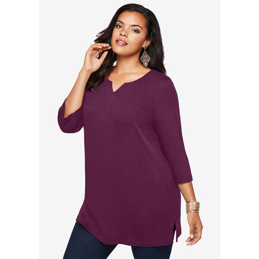 Dark Berry Three-Quarter Notch-Neck Soft Knit Tunic PSW-8768