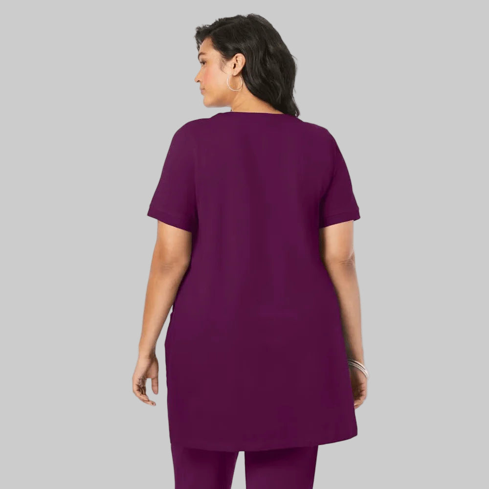 Dark Berry Two Pocket Soft Knit Tunic featuring short sleeves, a scoop neckline, and a relaxed fit for stylish comfort.