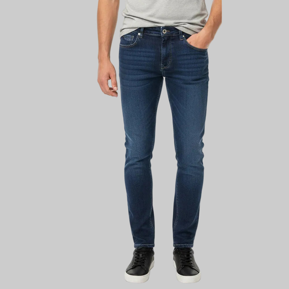 Men’s dark blue classic stretch jeans with mid rise, straight leg, full length,