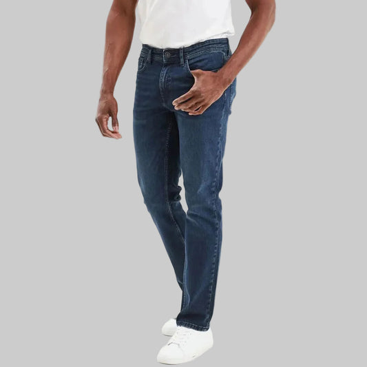 Dark blue denim regular fit jeans with classic five-pocket design and contrast stitching, laid flat for product display.
