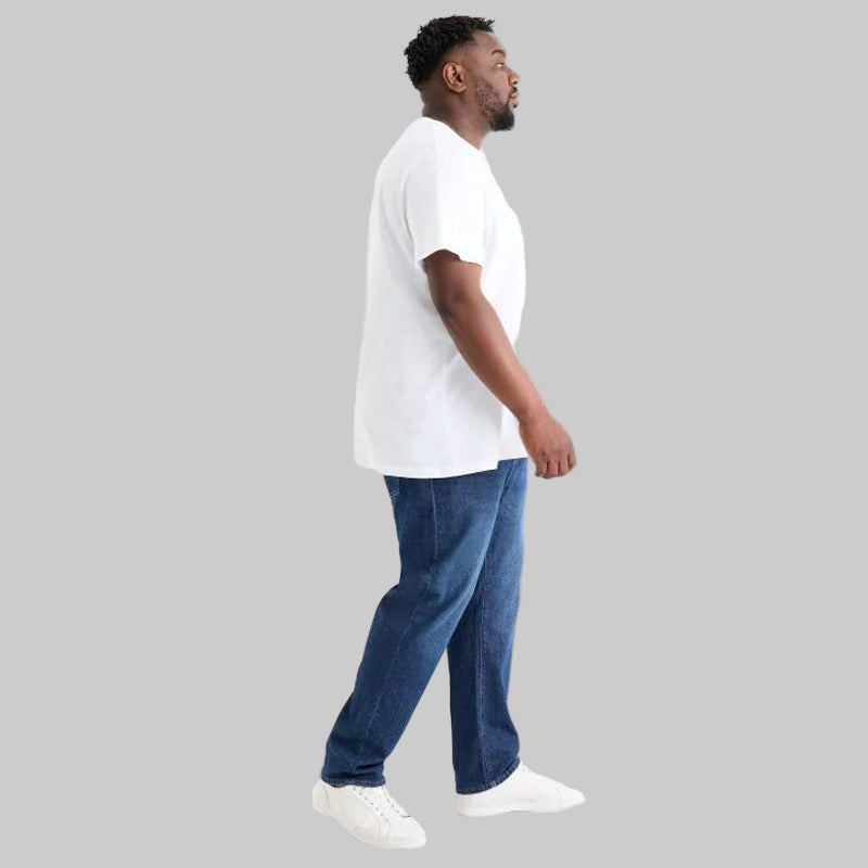 Men’s Dark Blue Regular Fit Stretch Jeans — straight leg, garment-washed, regular waist,