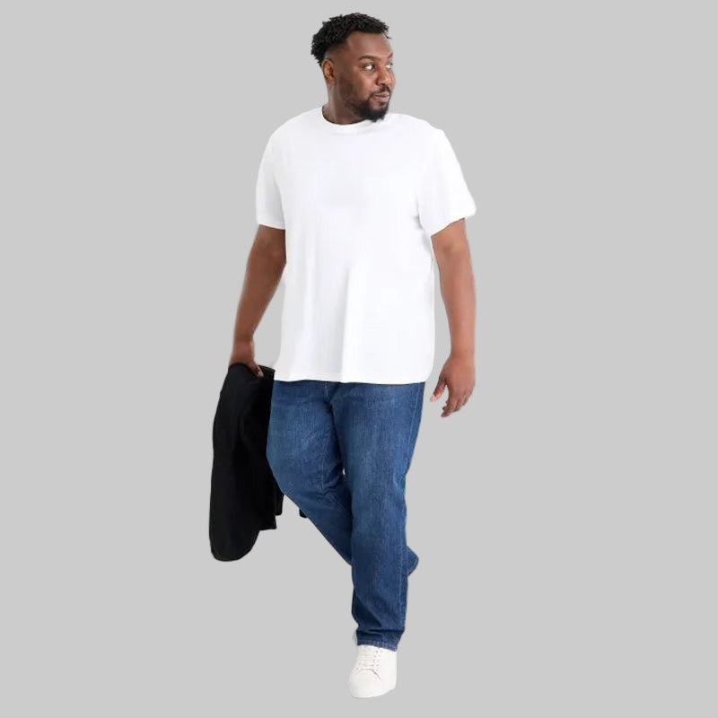 Men’s Dark Blue Regular Fit Stretch Jeans — straight leg, garment-washed, regular waist,