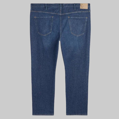 Men’s Dark Blue Regular Fit Stretch Jeans — straight leg, garment-washed, regular waist,