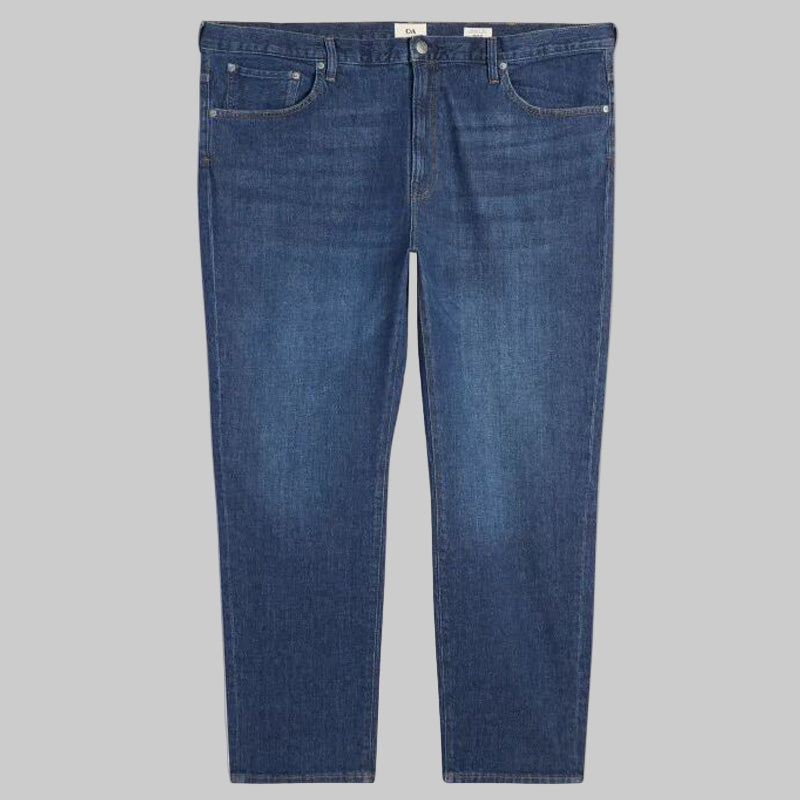 Men’s Dark Blue Regular Fit Stretch Jeans — straight leg, garment-washed, regular waist,