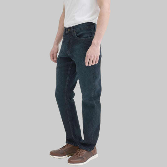 Dark blue denim straight-leg jeans with classic fit and five-pocket styling, made from durable denim for comfortable everyday casual wear.