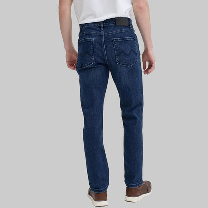 Dark blue slim fit men’s jeans with tapered legs and classic five-pocket styling