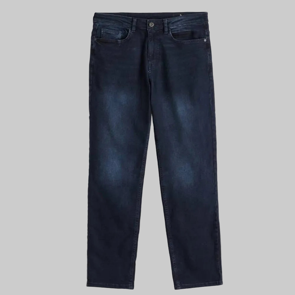 Dark Blue Straight Leg Denim Jeans — blue-black wash, LYCRA® stretch, free fit, five pockets, button and zip fly.