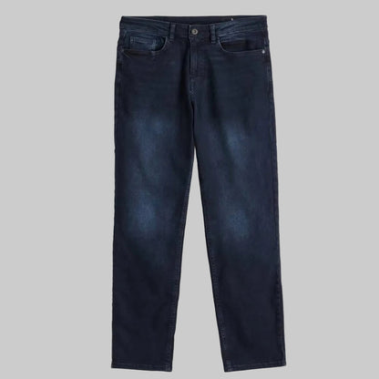 Dark Blue Straight Leg Denim Jeans — blue-black wash, LYCRA® stretch, free fit, five pockets, button and zip fly.