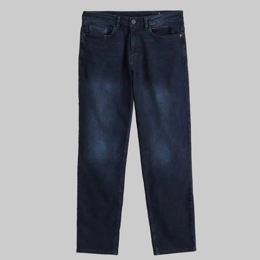 Dark Blue Straight Leg Denim Jeans — blue-black wash, LYCRA® stretch, free fit, five pockets, button and zip fly.