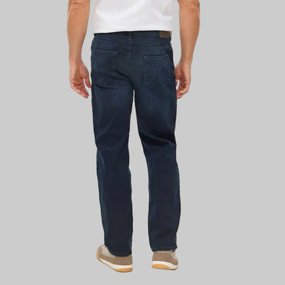 Dark Blue Straight Leg Denim Jeans — blue-black wash, LYCRA® stretch, free fit, five pockets, button and zip fly.