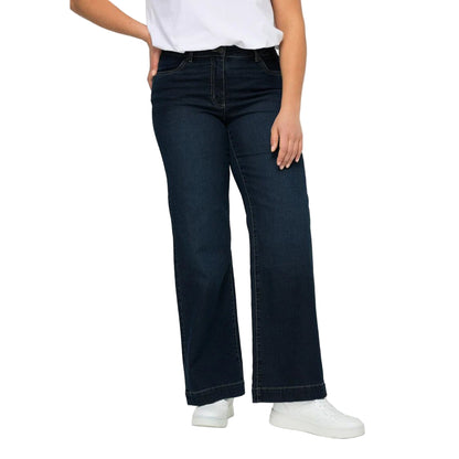 “Dark Blue Stretch Comfort Flare Jeans – plus size regular fit long flared denim with regular stretch”