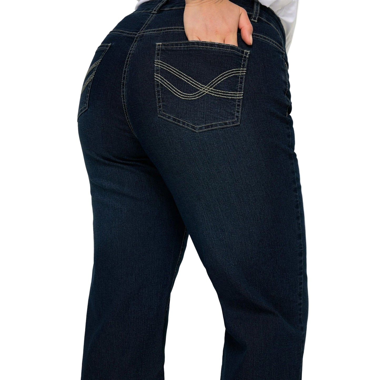 “Dark Blue Stretch Comfort Flare Jeans – plus size regular fit long flared denim with regular stretch”