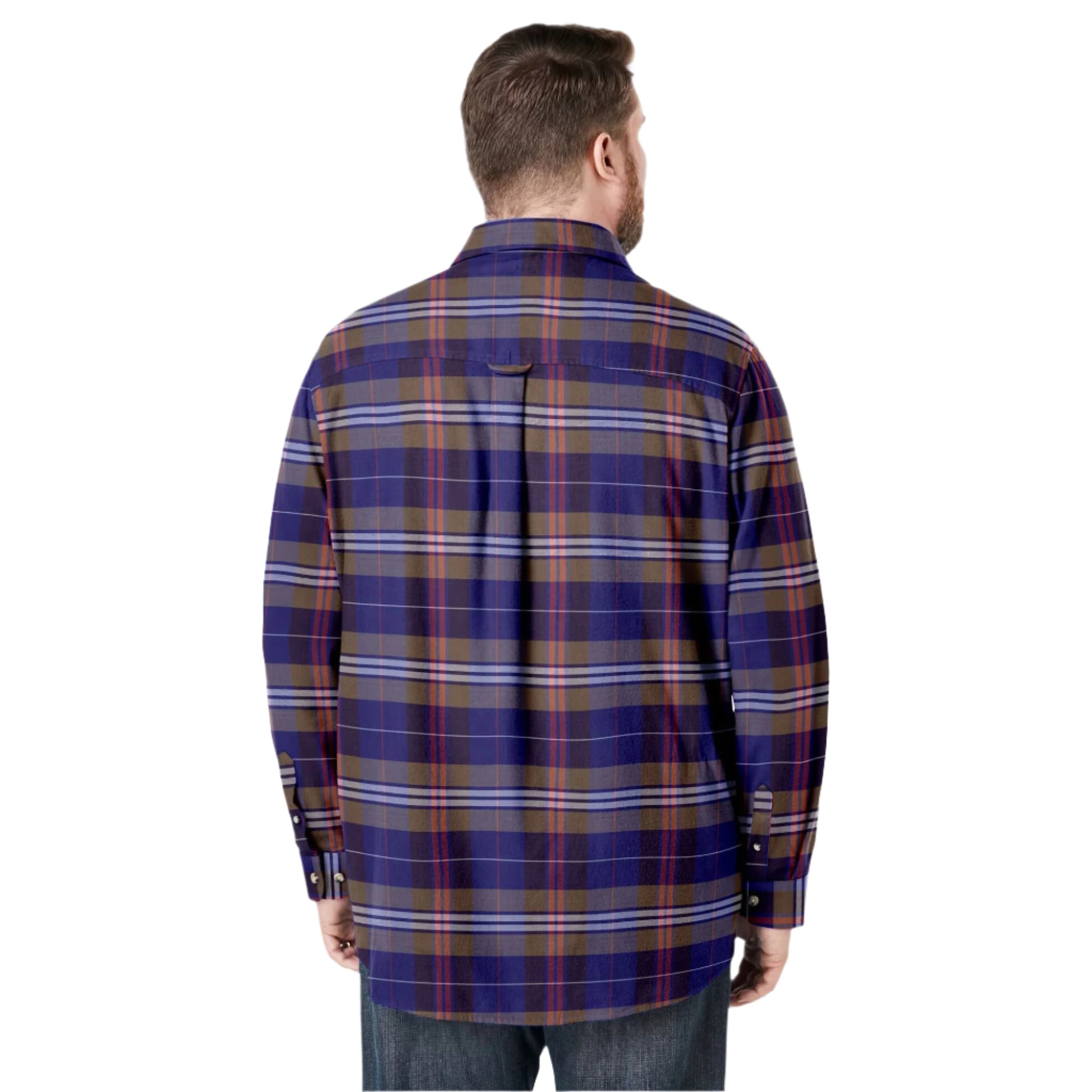 Dark brown plaid flannel shirt with chest pockets and classic collar, made from soft double-brushed cotton.