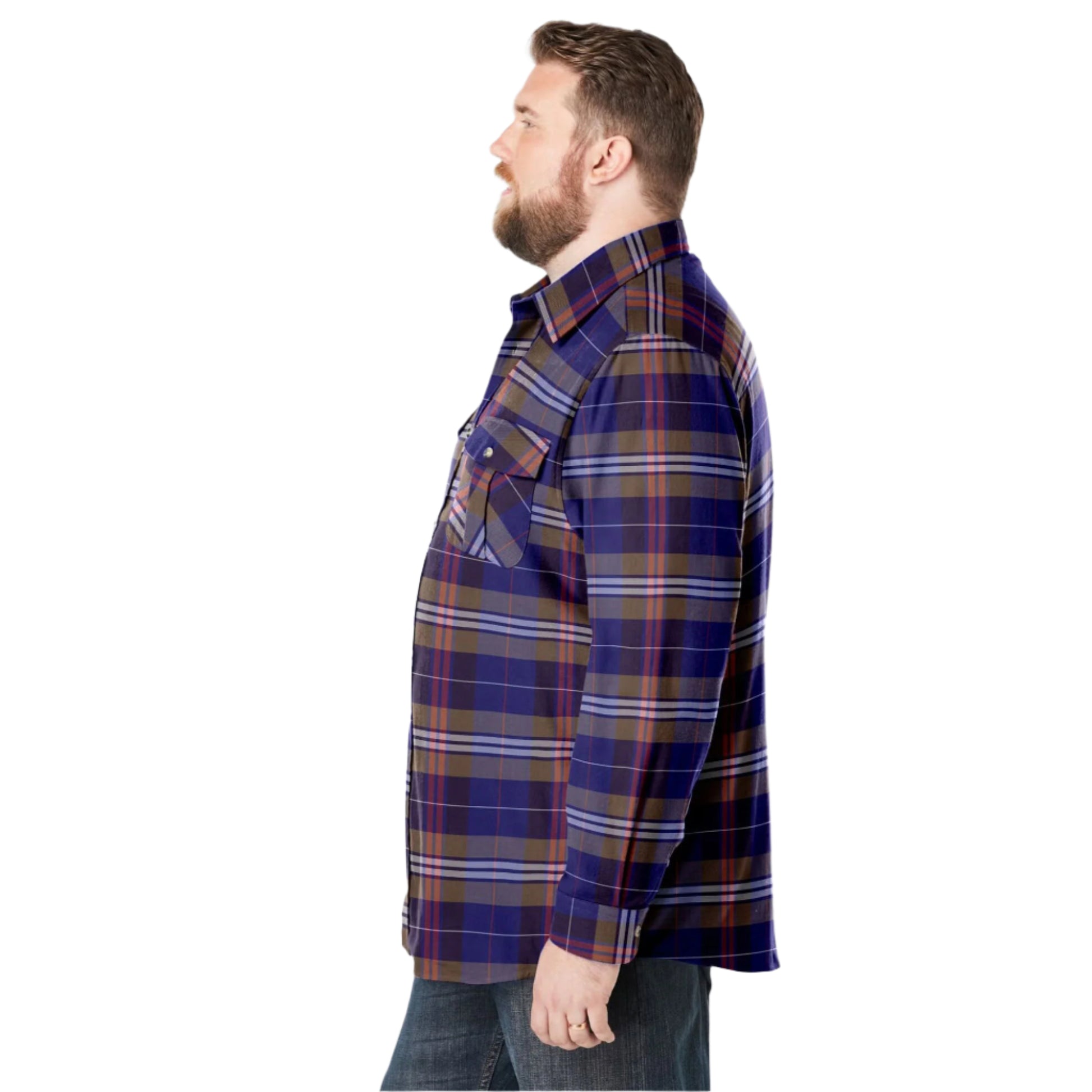 Dark brown plaid flannel shirt with chest pockets and classic collar, made from soft double-brushed cotton.