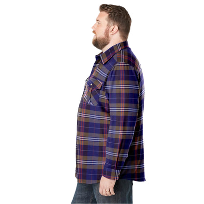 Dark brown plaid flannel shirt with chest pockets and classic collar, made from soft double-brushed cotton.