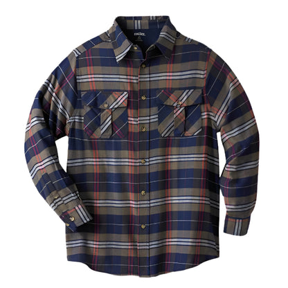 Dark brown plaid flannel shirt with chest pockets and classic collar, made from soft double-brushed cotton.