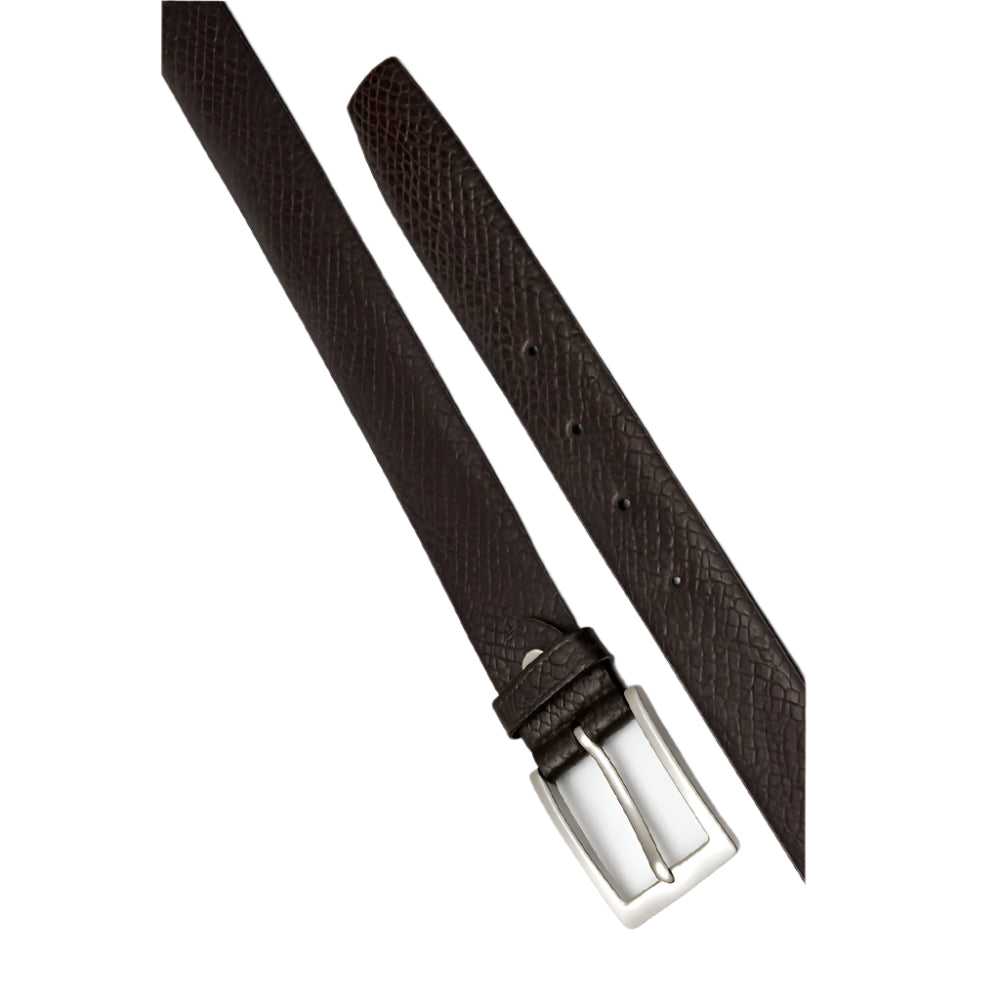 Dark brown snakeskin-textured plus-size leather belt with silver buckle on a white background.
