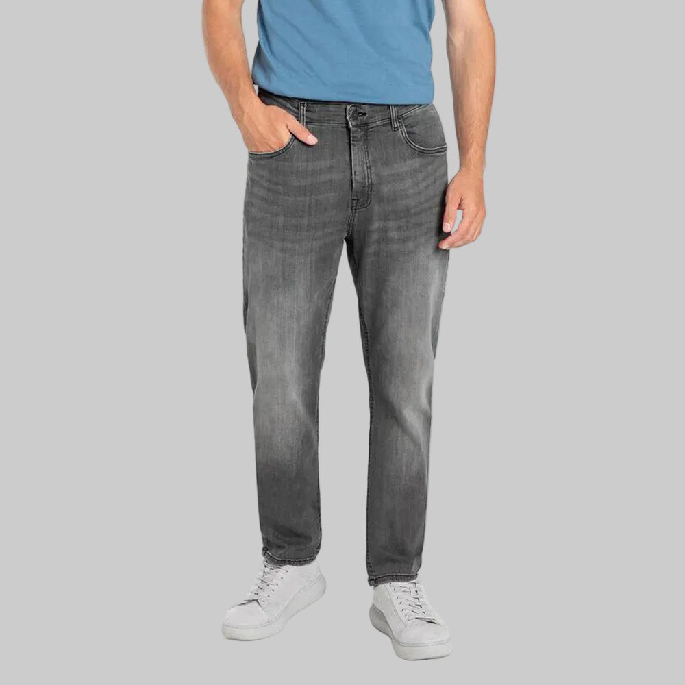 Dark grey regular fit denim jeans for men with classic five-pocket design and clean straight silhouette.