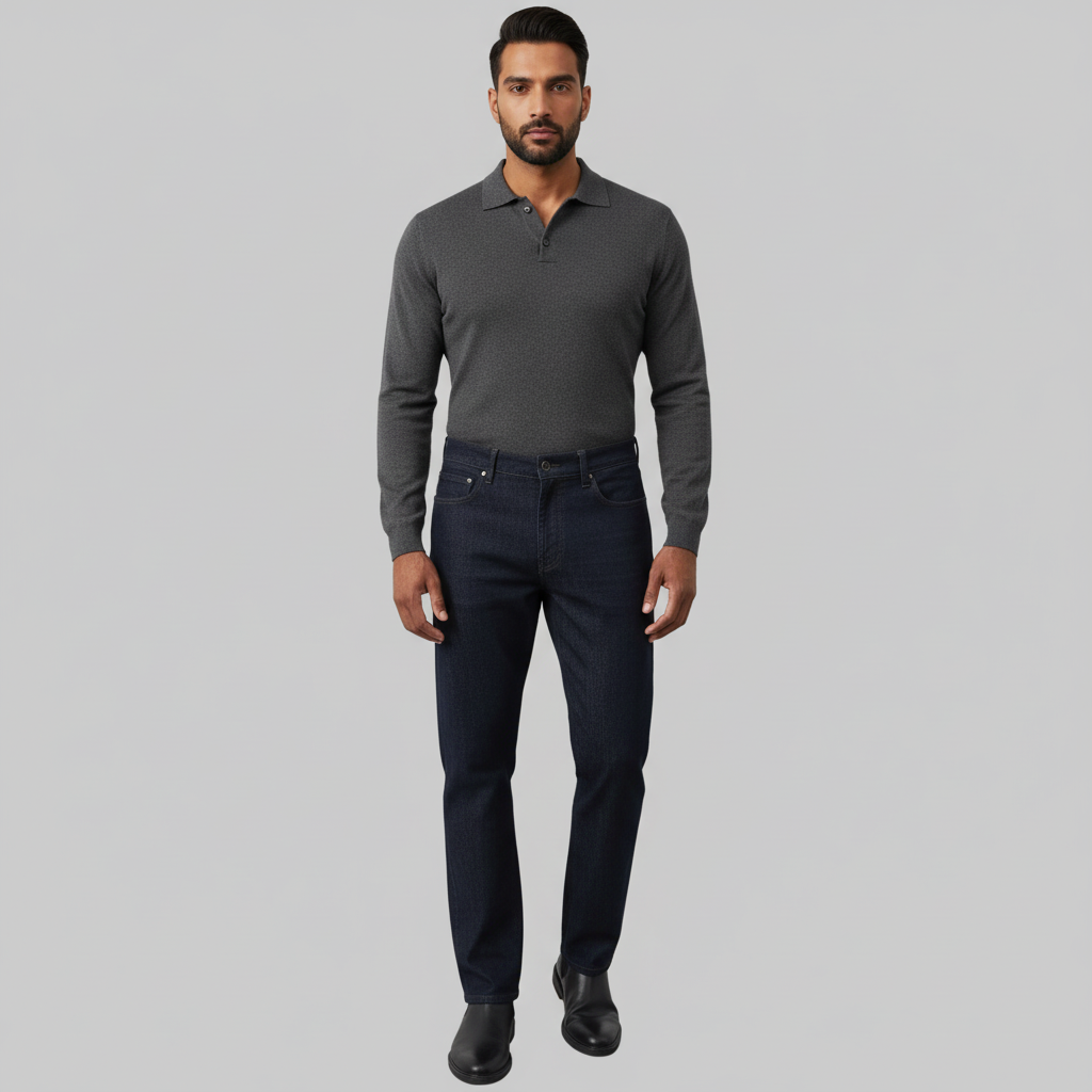 Dark indigo straight fit stretch denim jeans with mid-rise waist and zip fastening for men