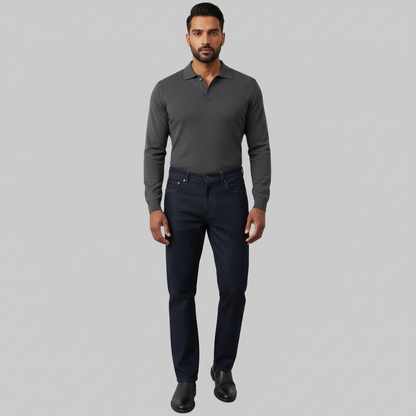 Dark indigo straight fit stretch denim jeans with mid-rise waist and zip fastening for men