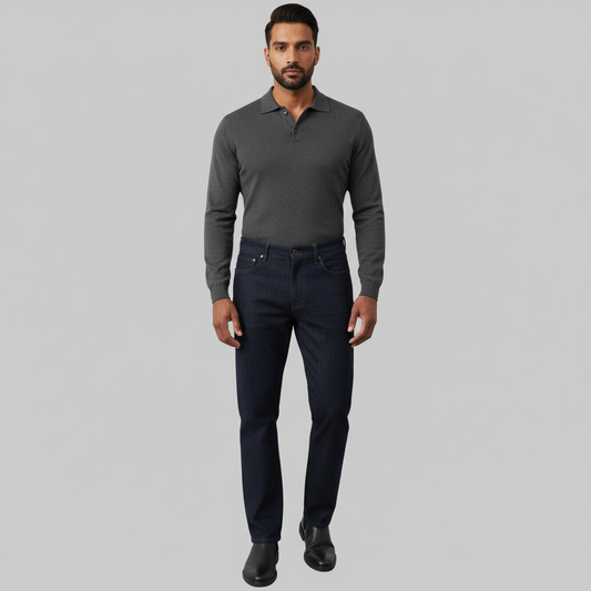 Dark indigo straight fit stretch denim jeans with mid-rise waist and zip fastening for men