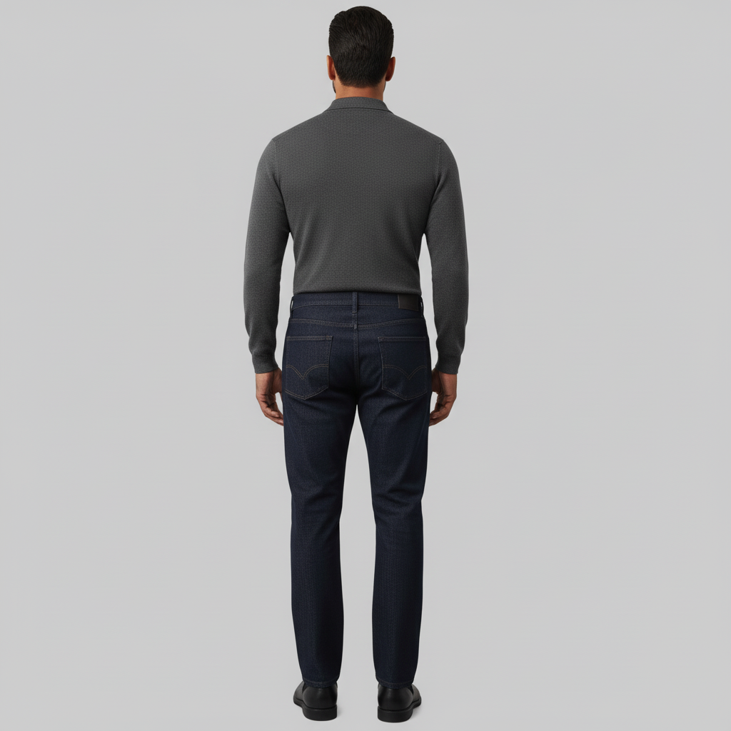 Dark indigo straight fit stretch denim jeans with mid-rise waist and zip fastening for men