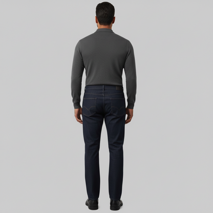 Dark indigo straight fit stretch denim jeans with mid-rise waist and zip fastening for men