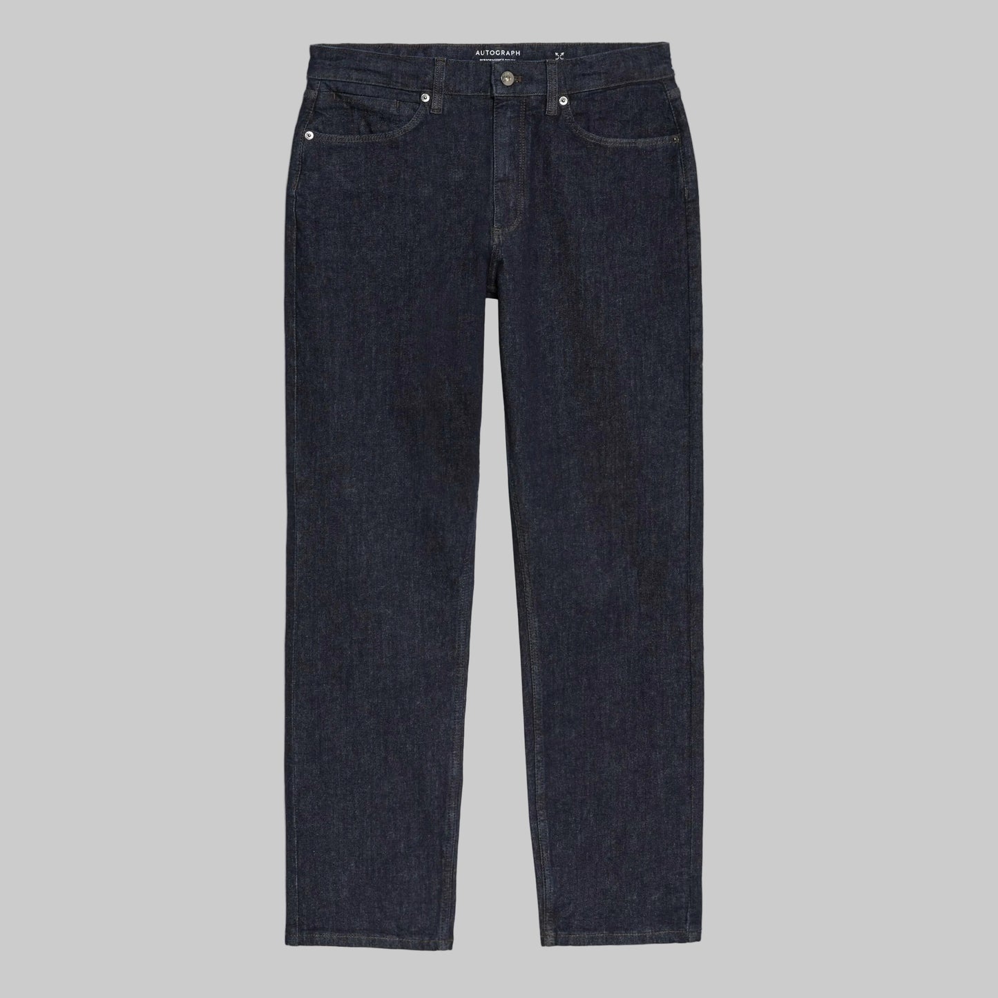 Dark indigo straight fit stretch denim jeans with mid-rise waist and zip fastening for men