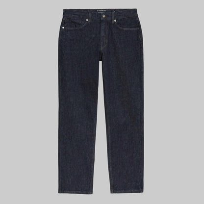 Dark indigo straight fit stretch denim jeans with mid-rise waist and zip fastening for men