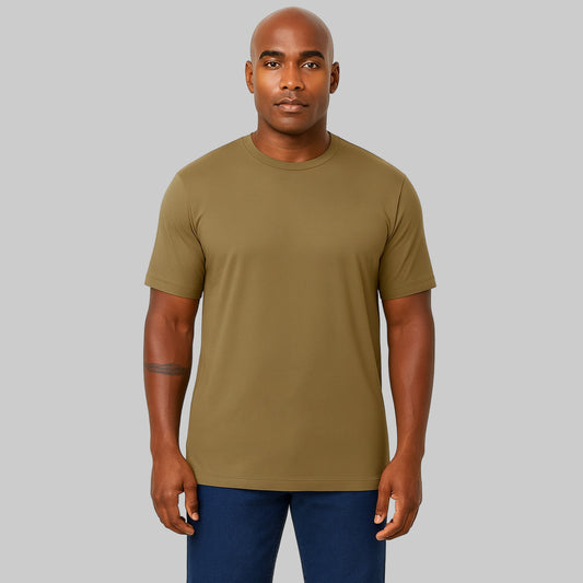 Plus-size Pakistani male model wearing dark khaki heavyweight crewneck T-shirt on a studio background, relaxed fit.