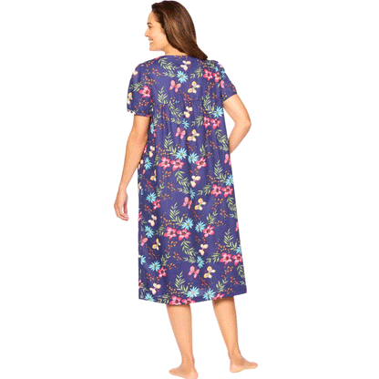 Plus-size short-sleeve lounger in dark navy with butterfly print, featuring a shirred yoke, side seam pockets,
