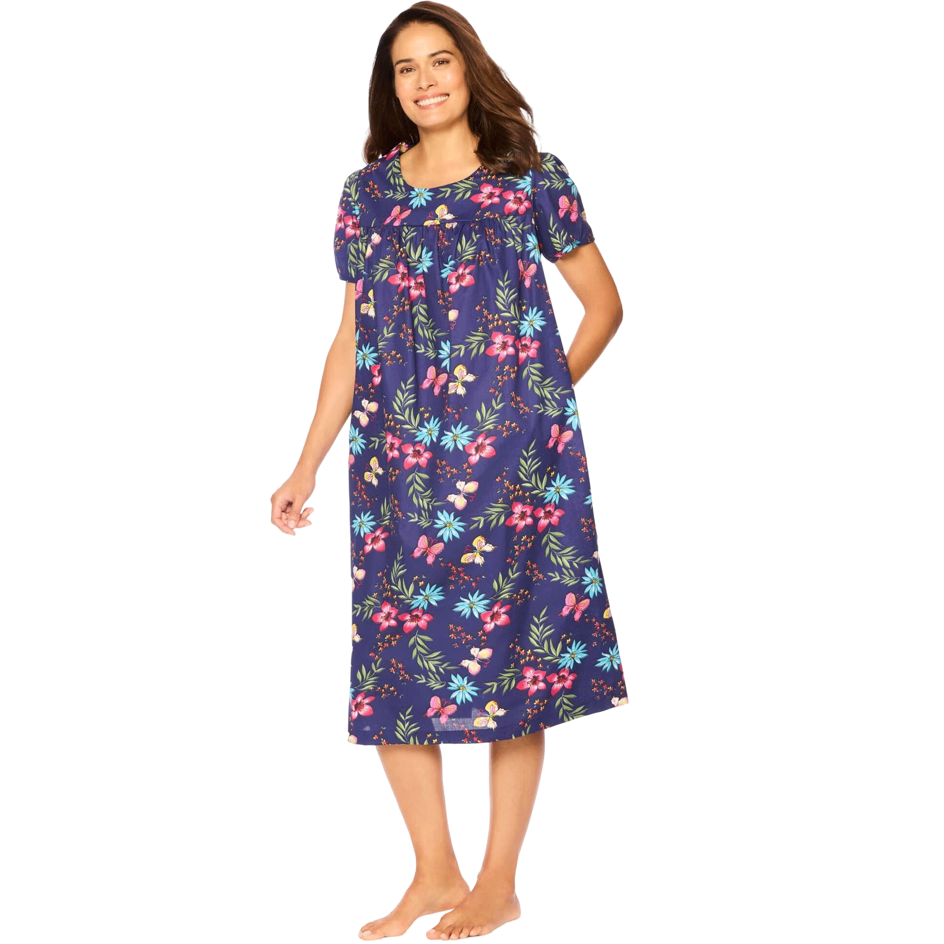Plus-size short-sleeve lounger in dark navy with butterfly print, featuring a shirred yoke, side seam pockets,