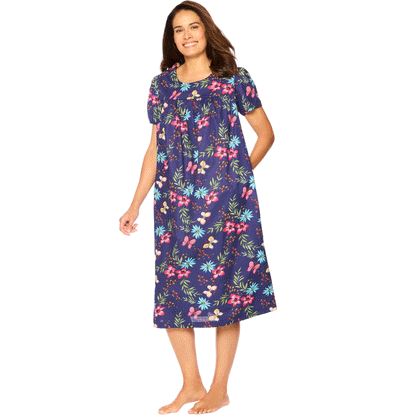 Plus-size short-sleeve lounger in dark navy with butterfly print, featuring a shirred yoke, side seam pockets,