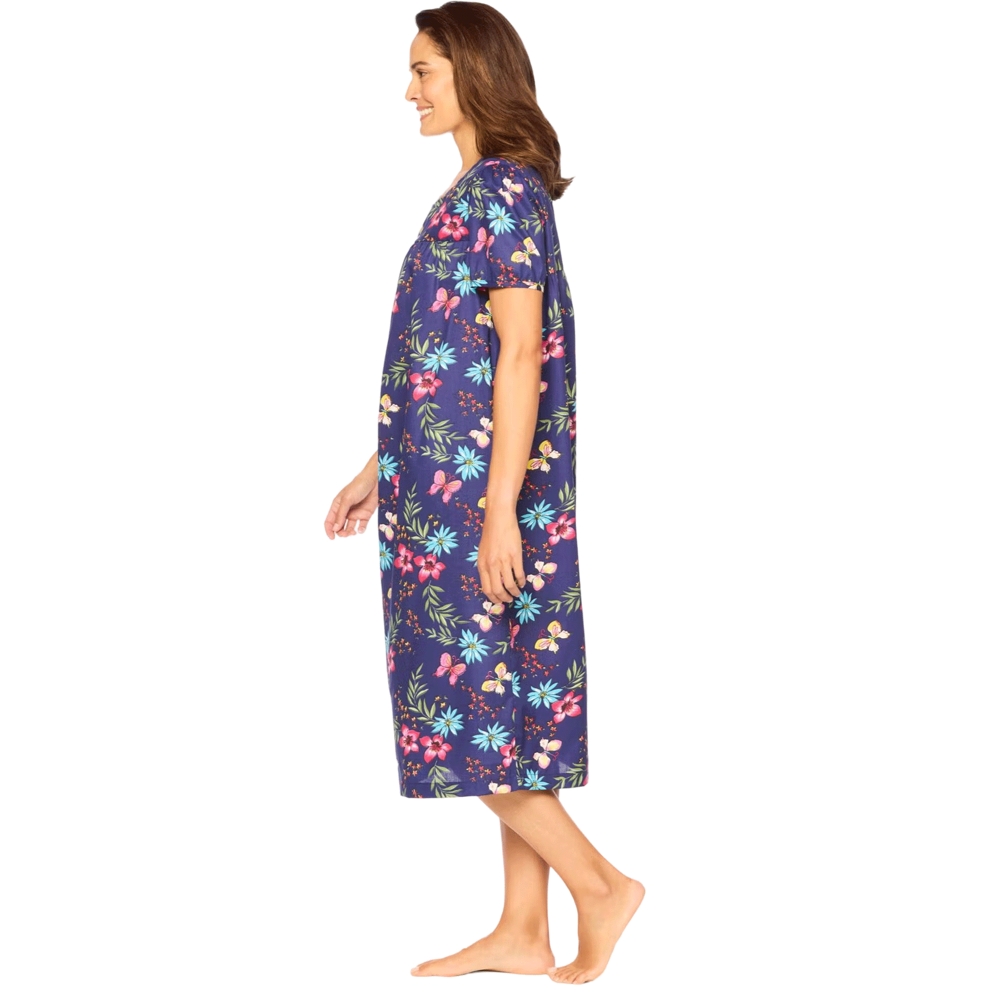 Plus-size short-sleeve lounger in dark navy with butterfly print, featuring a shirred yoke, side seam pockets,