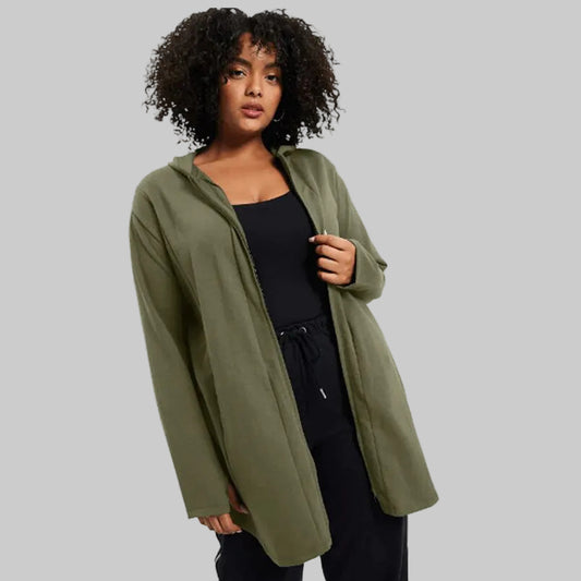 Dark olive green zip-up French terry hoodie with hood and relaxed fit, front view