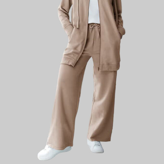 Dark Taupe Wide-Leg French Terry Sweatpants with elastic waistband, drawstring, and front pockets — soft full-length plus size lounge pants for women.