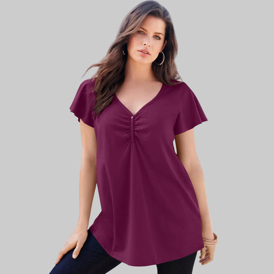 Dark berry flutter sleeve sweetheart tee made from soft cotton jersey