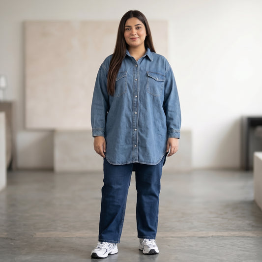Women's Dark Blue Denim Long Shirt Jacket with Button Closure and Two Front Chest Pockets