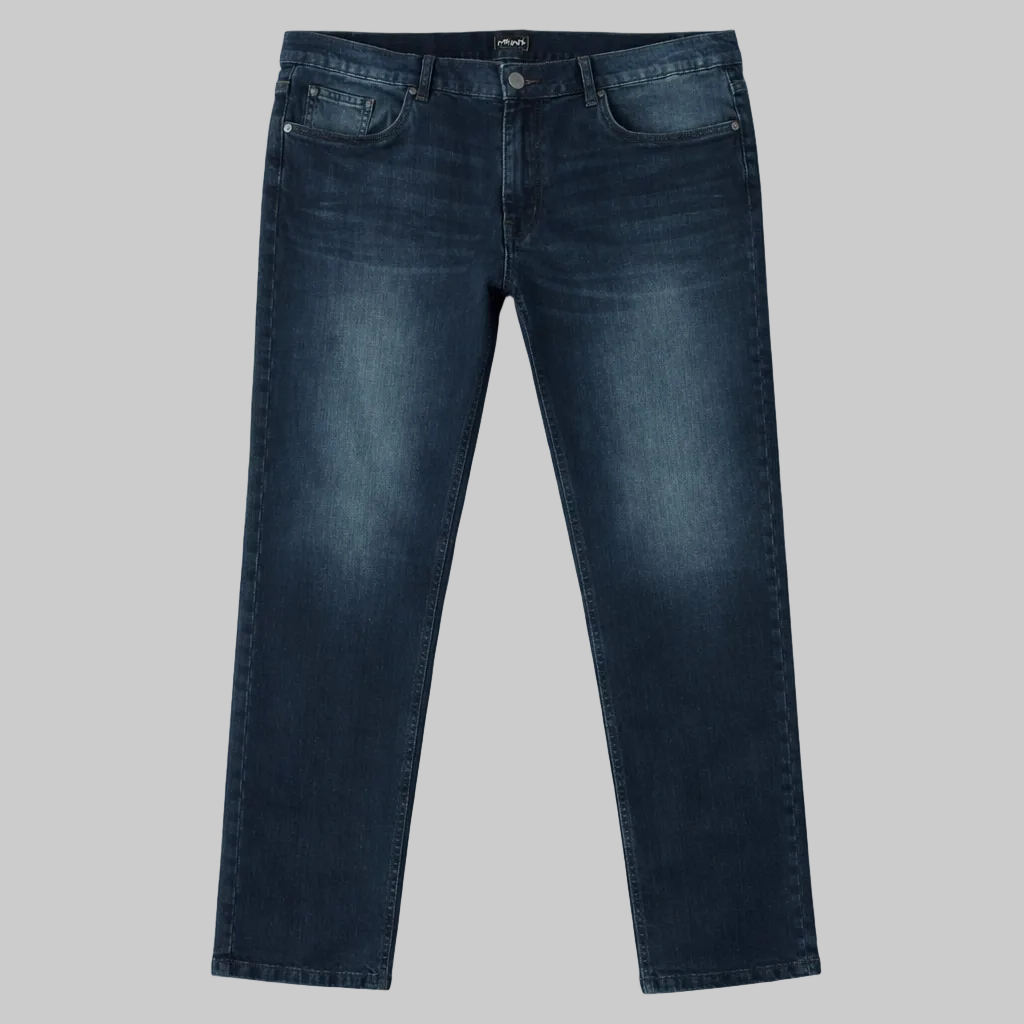Men’s dark blue straight fit denim jeans laid flat showing classic five-pocket design and subtle fading.